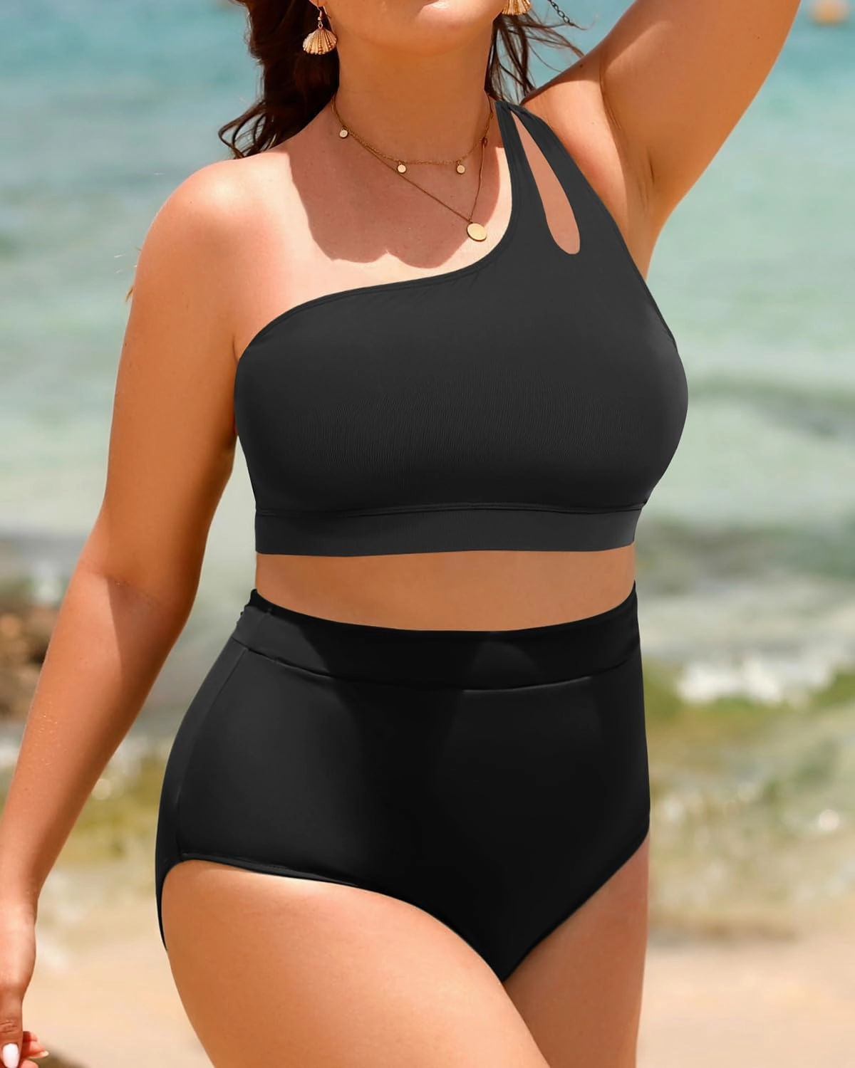 Tempt Me Plus Size High Waisted Bikini Set for Women Two Piece One Shoulder Swimsuit Keyhole Bathing Suits