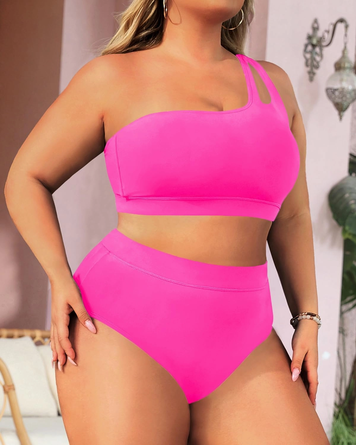 Tempt Me Plus Size High Waisted Bikini Set for Women Two Piece One Shoulder Swimsuit Keyhole Bathing Suits