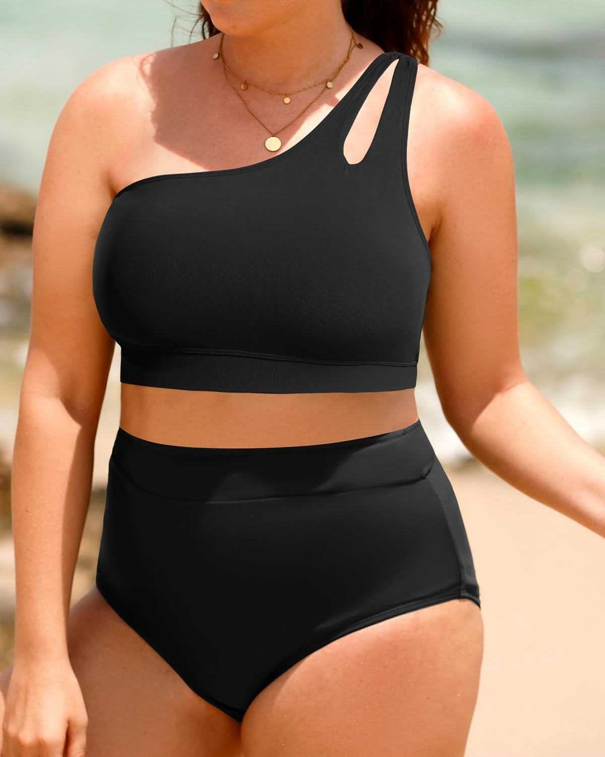 Tempt Me Plus Size High Waisted Bikini Set for Women Two Piece One Shoulder Swimsuit Keyhole Bathing Suits