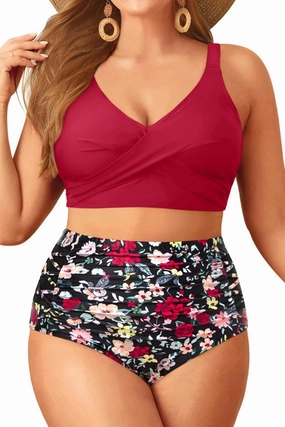 Tempt Me Plus Size Two Piece Swimsuit - High Waisted Bikini Set Tummy Control Bathing Suits for Women