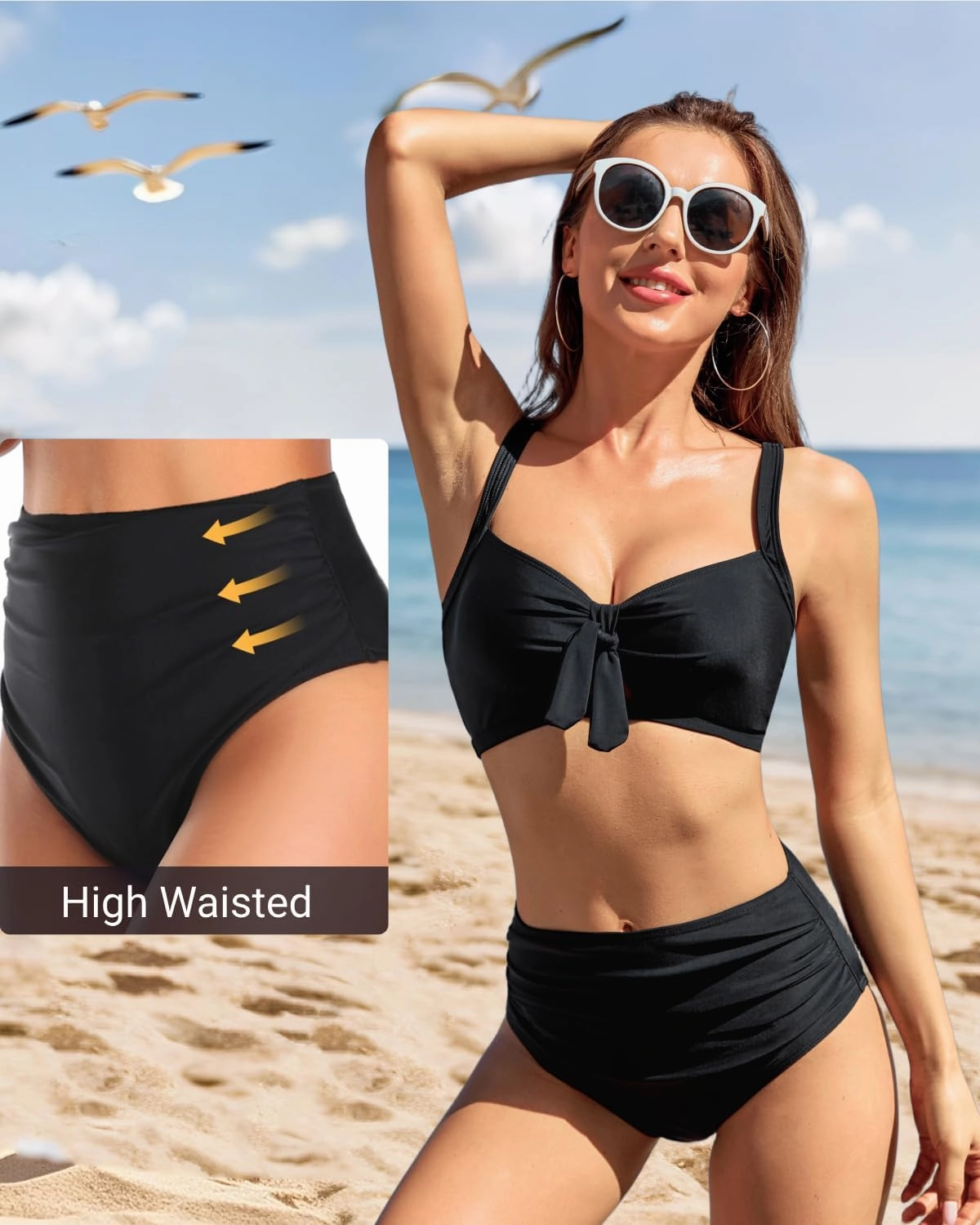 Tempt Me Two Piece Swimsuits High Waisted Bikini Tummy Control Full Coverage Bathing Suits Ruched Tie Knot Swimwear