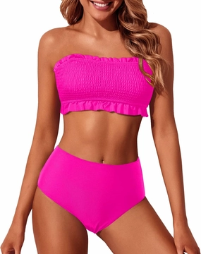 Tempt Me Women Bandeau High Waisted Bikini Sets Smocked Swimsuit Strapless Two Piece Bathing Suit