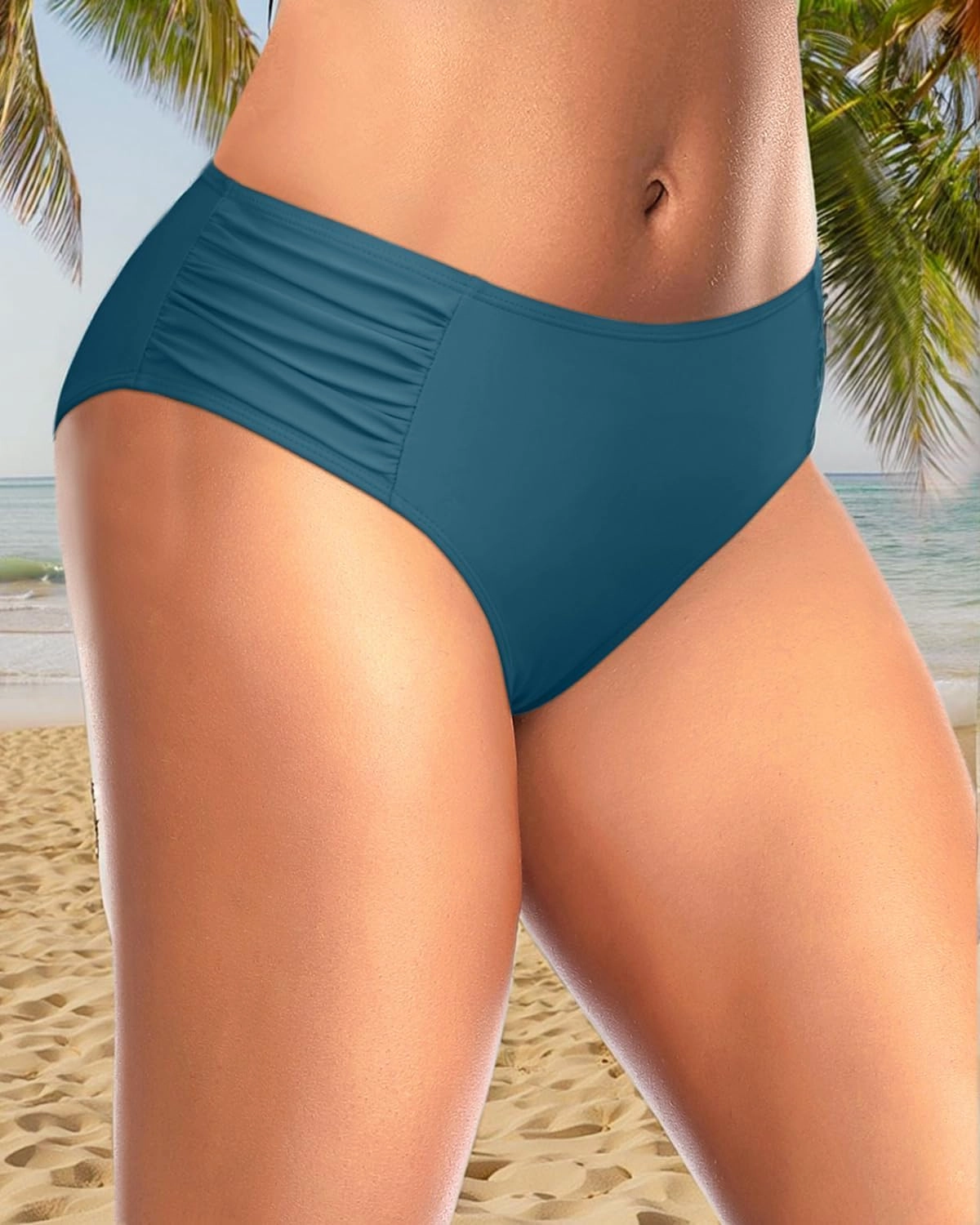 Tempt Me Women Bikini Bottoms Mid Waist Bathing Suit Swimsuit Ruched Swim Bottom
