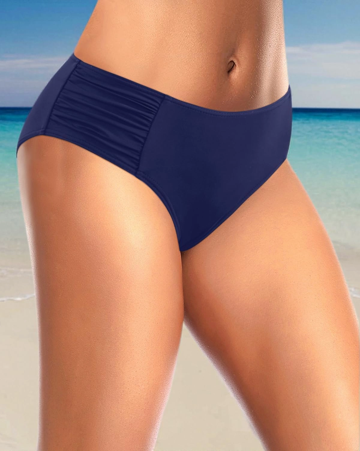 Tempt Me Women Bikini Bottoms Mid Waist Bathing Suit Swimsuit Ruched Swim Bottom