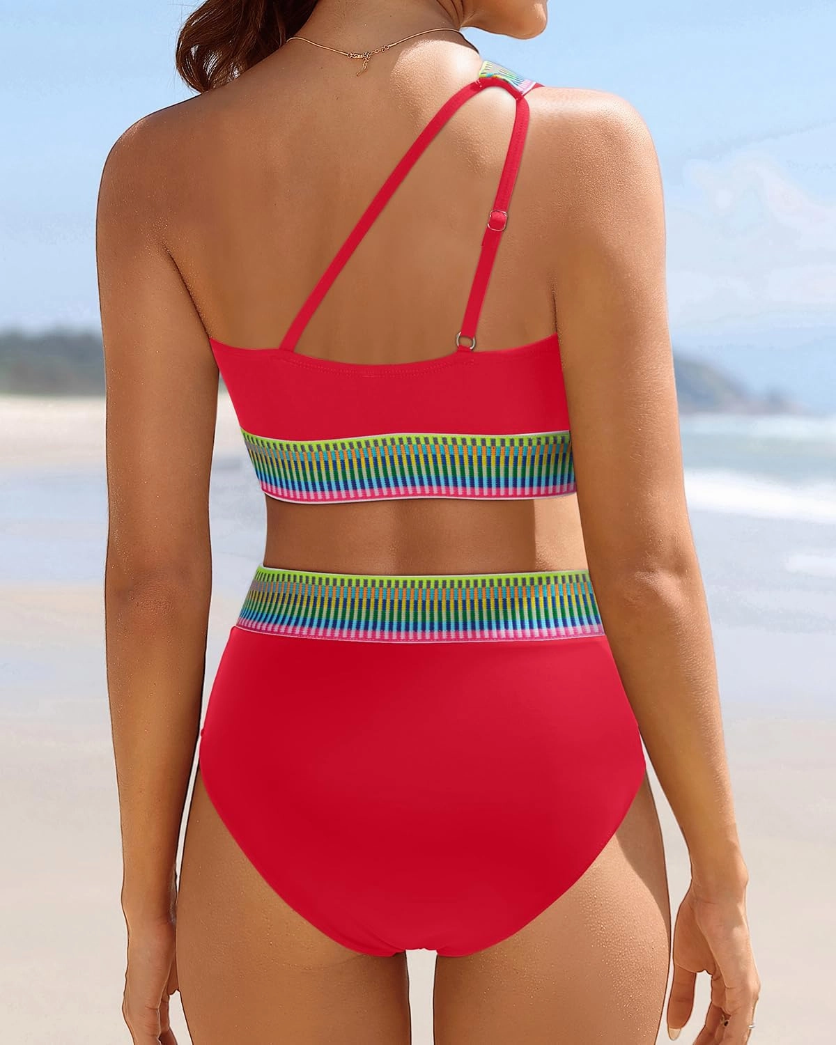 Tempt Me Women High Waisted Bikini Set - One Shoulder Two Piece Swimsuits Color Block Bathing Suits with Swimwear Bottom