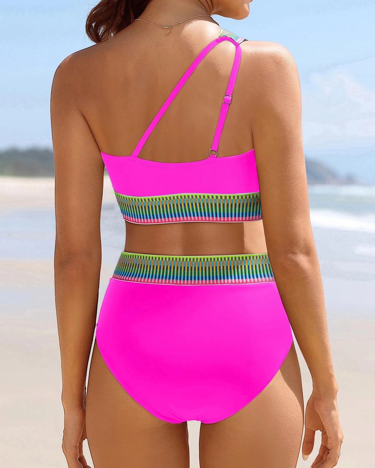 Tempt Me Women High Waisted Bikini Set - One Shoulder Two Piece Swimsuits Color Block Bathing Suits with Swimwear Bottom