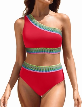 Tempt Me Women High Waisted Bikini Set - One Shoulder Two Piece Swimsuits Color Block Bathing Suits with Swimwear Bottom