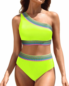 Tempt Me Women High Waisted Bikini Set - One Shoulder Two Piece Swimsuits Color Block Bathing Suits with Swimwear Bottom