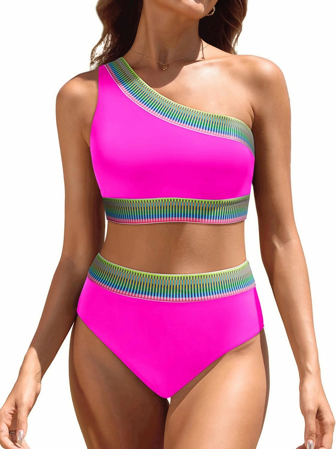 Tempt Me Women High Waisted Bikini Set - One Shoulder Two Piece Swimsuits Color Block Bathing Suits with Swimwear Bottom