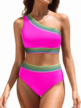Tempt Me Women High Waisted Bikini Set - One Shoulder Two Piece Swimsuits Color Block Bathing Suits with Swimwear Bottom