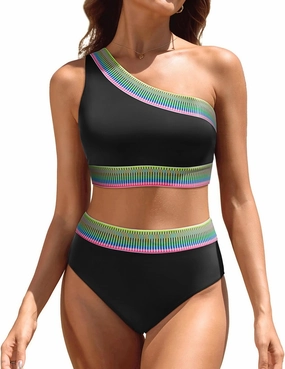Tempt Me Women High Waisted Bikini Set - One Shoulder Two Piece Swimsuits Color Block Bathing Suits with Swimwear Bottom