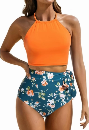 Tempt Me Women High Waisted Bikini Sets Two Piece Swimsuit High Neck Tummy Control Bathing Suits with Tie Side Knot Bottom