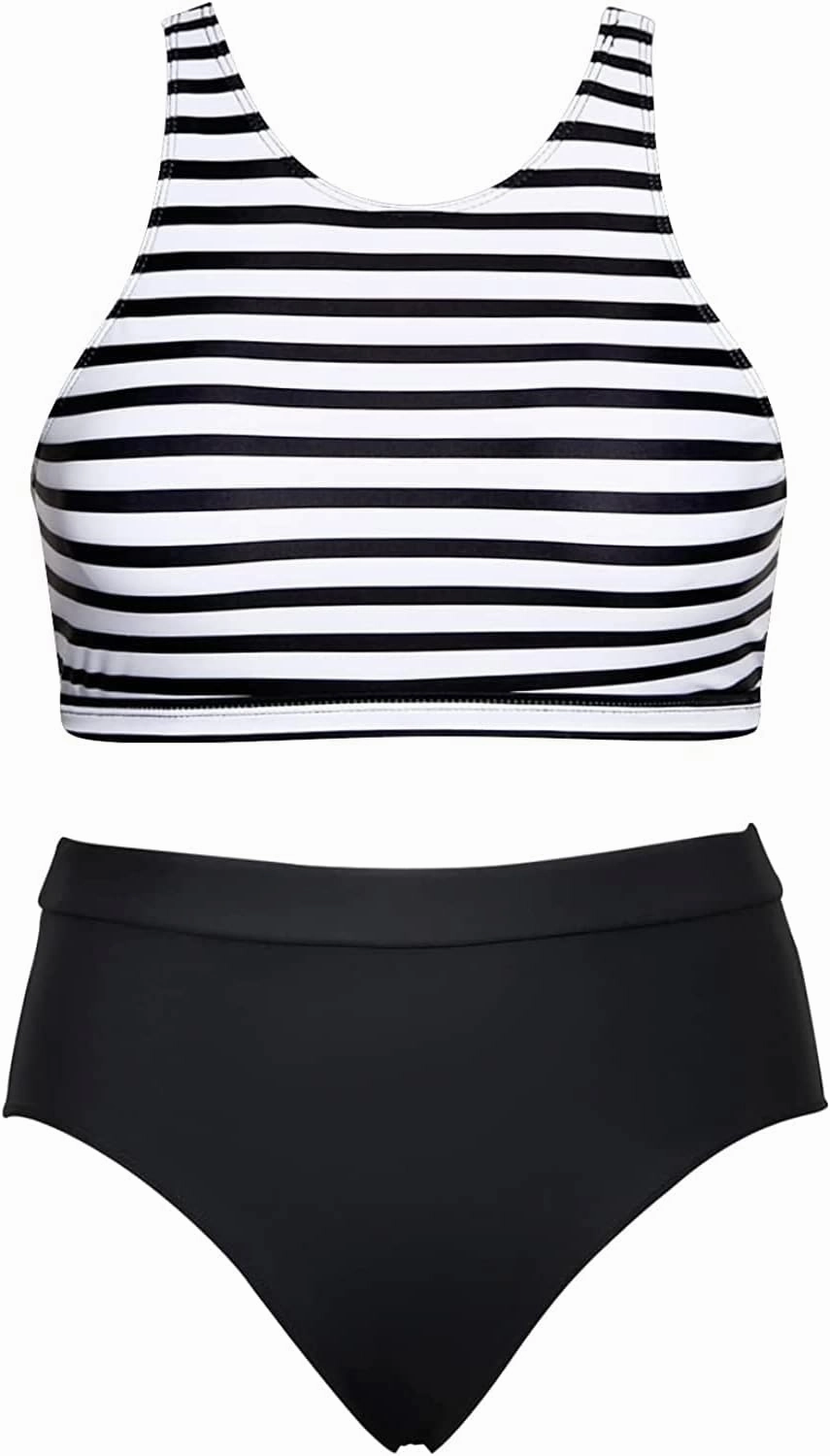 Tempt Me Women High Waisted Bikini Two Piece Swimsuits High Neck Crop Top Racerback Sporty Bathing Suits for Teen Girls