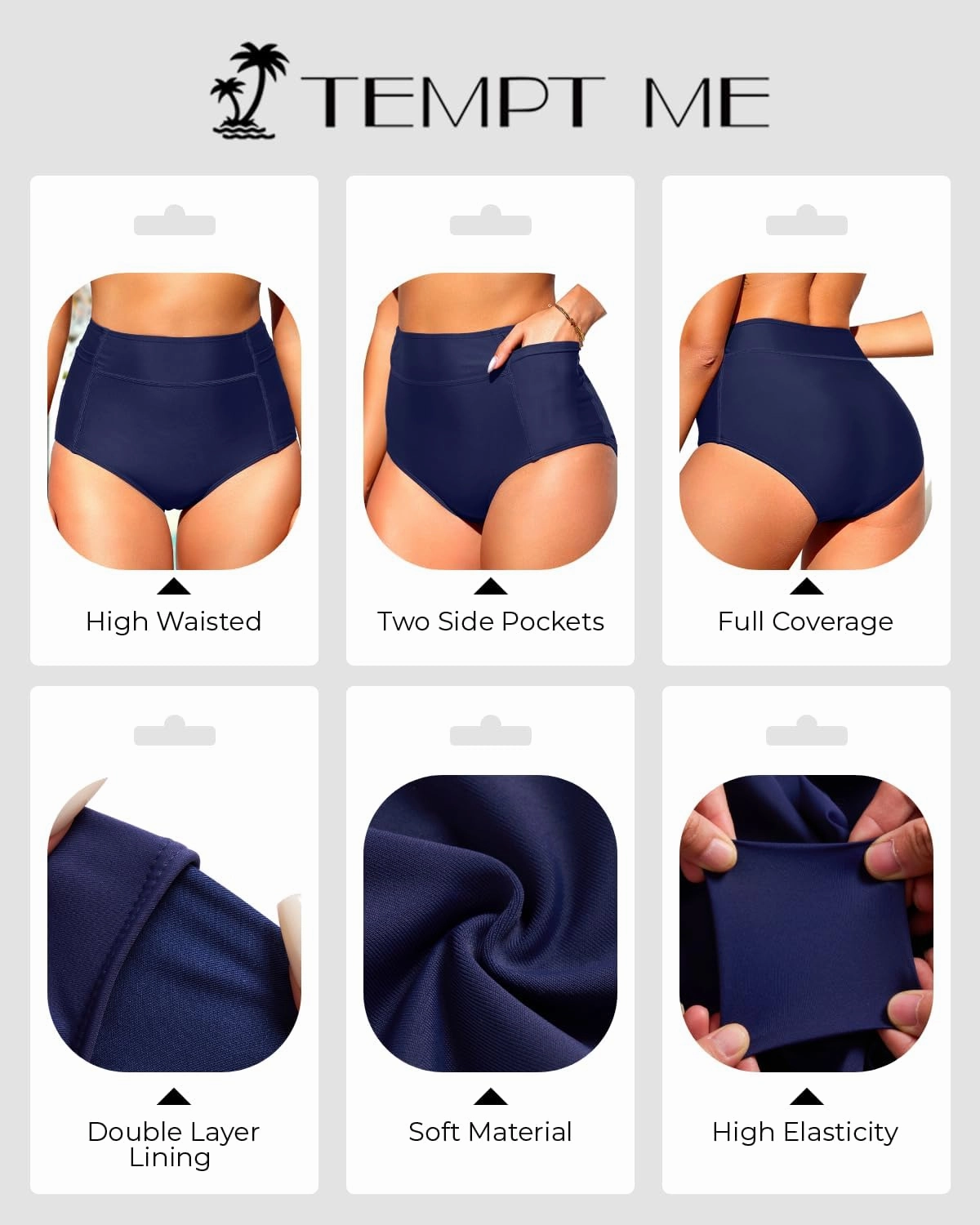 Tempt Me Women High Waisted Swimsuit Bikini Bottoms - Tummy Control Swim Bottom Full Coverage Bathing Suit with Pockets 2025