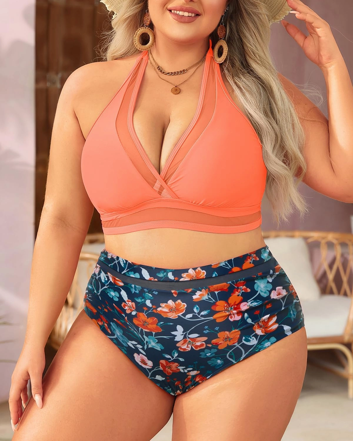 Tempt Me Women Plus Size Bikini High Waisted Swimsuits Mesh Tummy Control Two Piece Bathing Suit