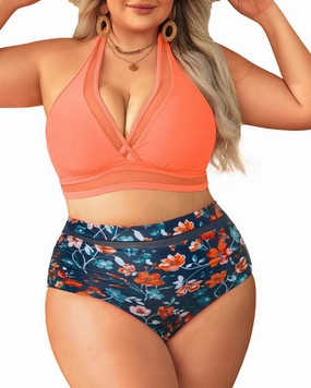 Tempt Me Women Plus Size Bikini High Waisted Swimsuits Mesh Tummy Control Two Piece Bathing Suit