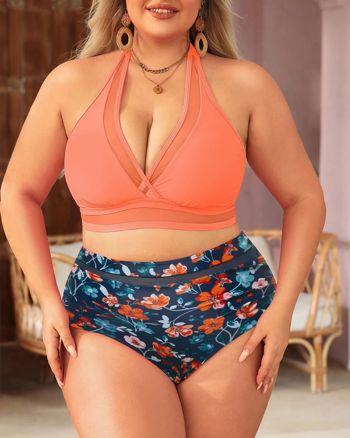 Tempt Me Women Plus Size Bikini High Waisted Swimsuits Mesh Tummy Control Two Piece Bathing Suit