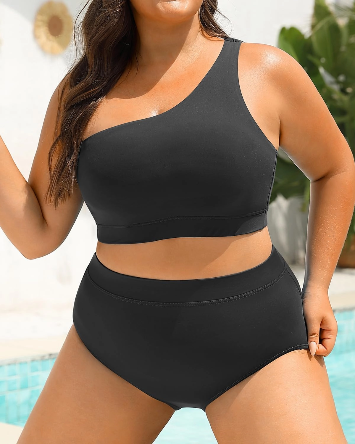 Tempt Me Women Plus Size High Waisted Bikini Two Piece One Shoulder Swimsuit
