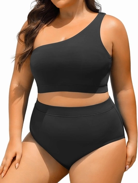 Tempt Me Women Plus Size High Waisted Bikini Two Piece One Shoulder Swimsuit
