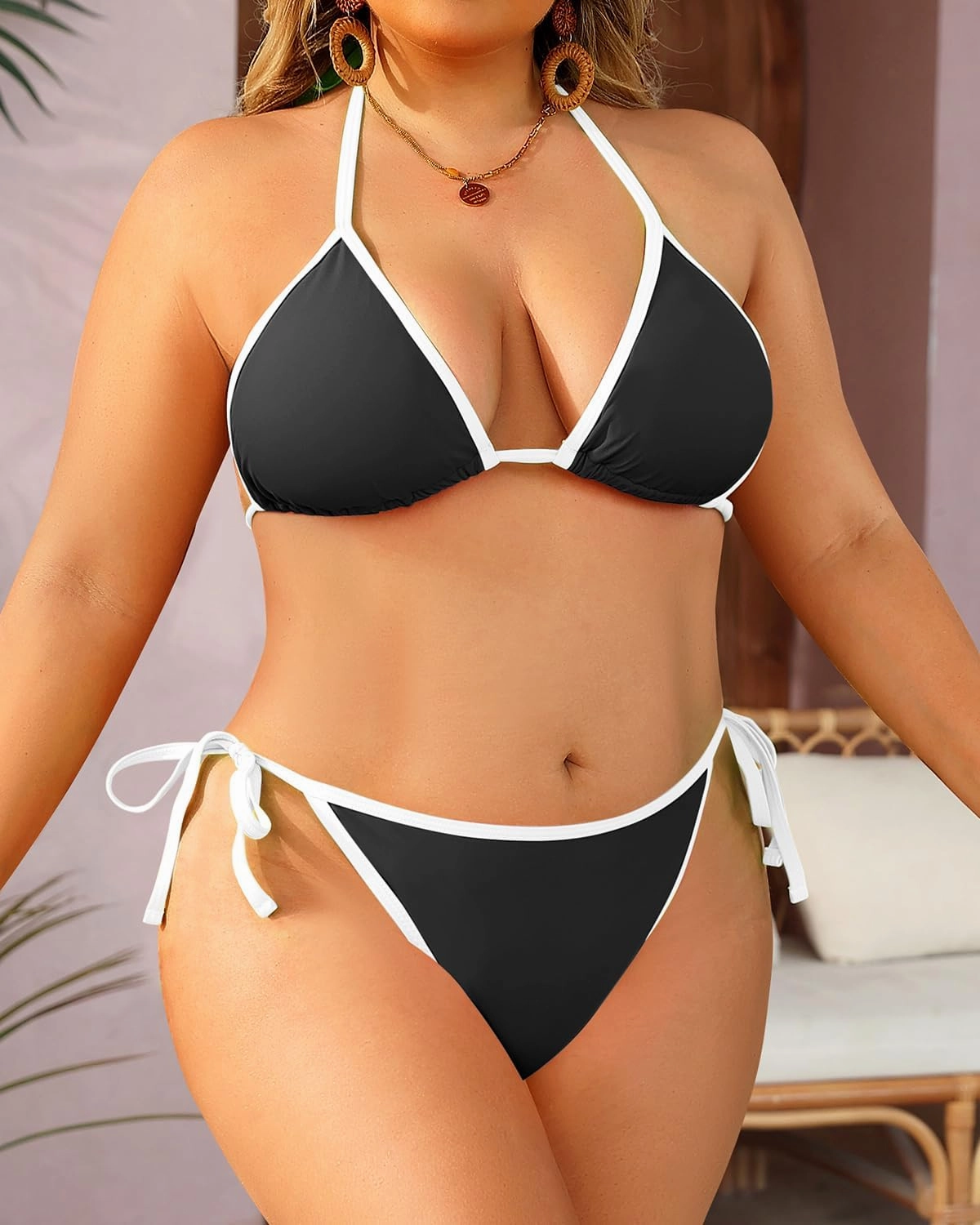 Tempt Me Women Plus Size Triangle Bikini Sets String Two Piece Halter Swimsuits with Tie Side Bottom