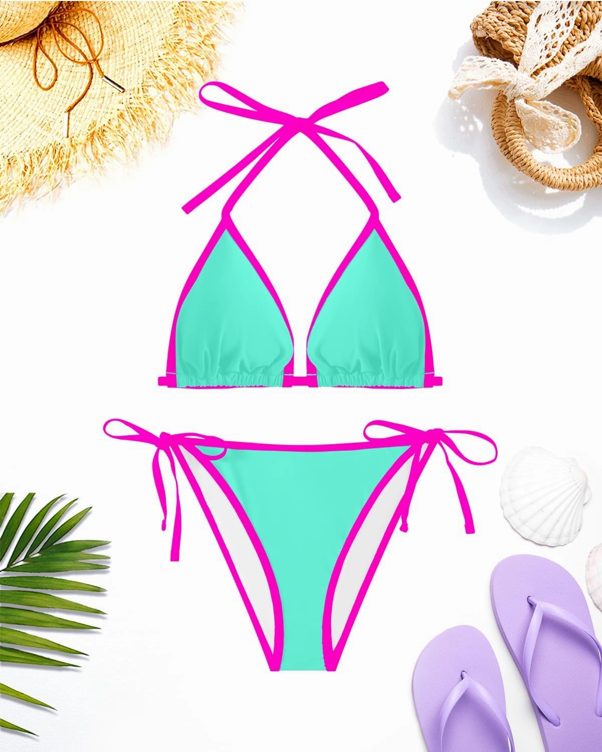 Tempt Me Women Plus Size Triangle Bikini Sets String Two Piece Halter Swimsuits with Tie Side Bottom