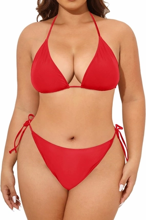 Tempt Me Women Plus Size Triangle Bikini String Two Piece Halter Tie Side Swimsuit
