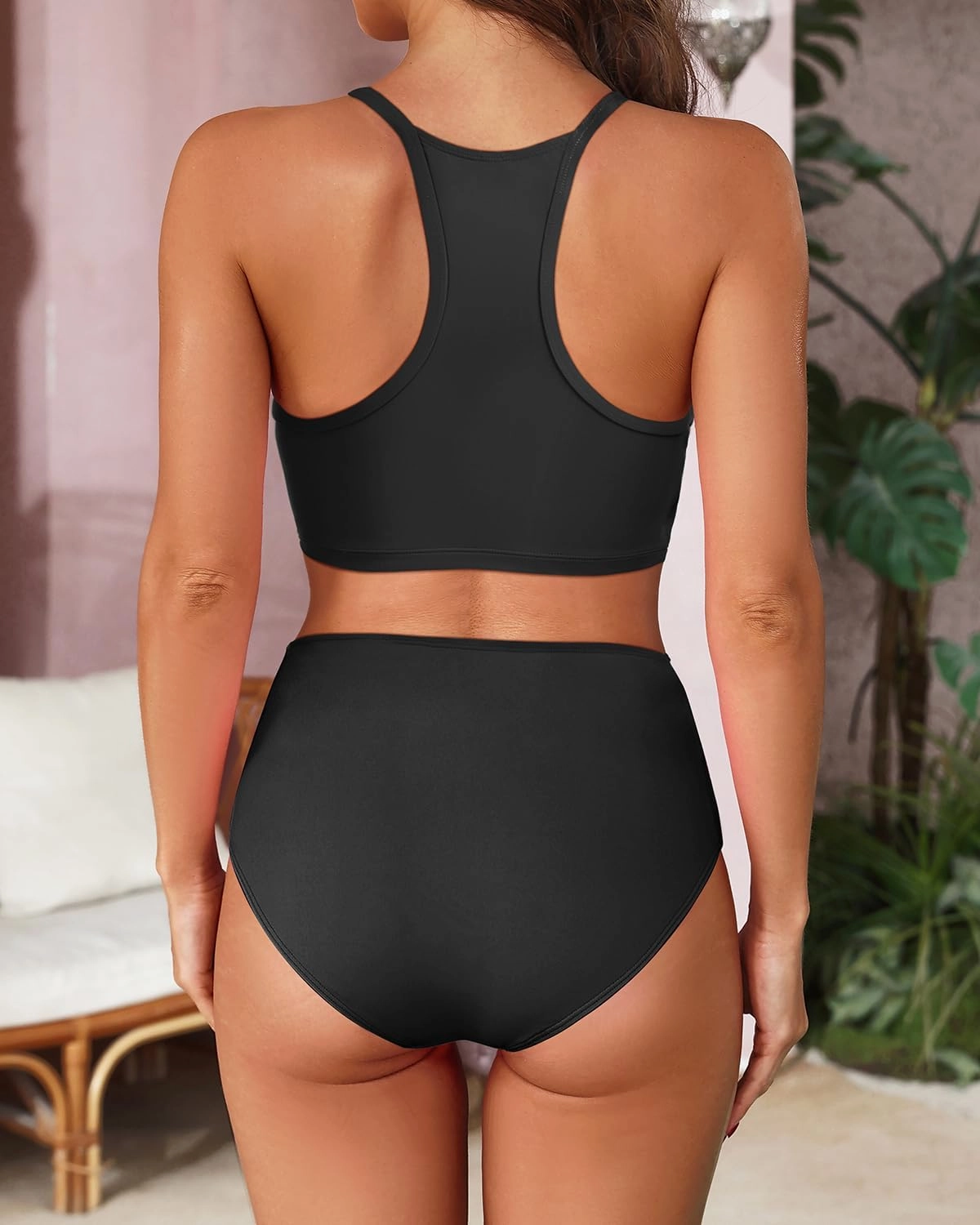 Tempt Me Women's High Waisted Bikini Sets Sporty Two Piece Swimsuit Color Block High Neck Bathing Suit