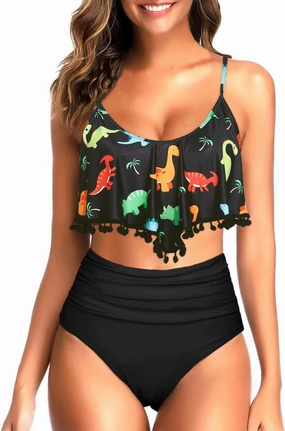 Tempt Me Women Two Piece High Waisted Bikini Set Ruffle Swimsuit Flounce Pom Pom Trim Bathing Suit