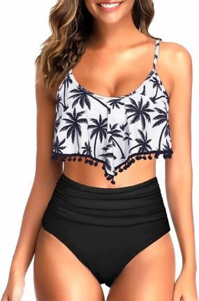 Tempt Me Women Two Piece High Waisted Bikini Set Ruffle Swimsuit Flounce Pom Pom Trim Bathing Suit