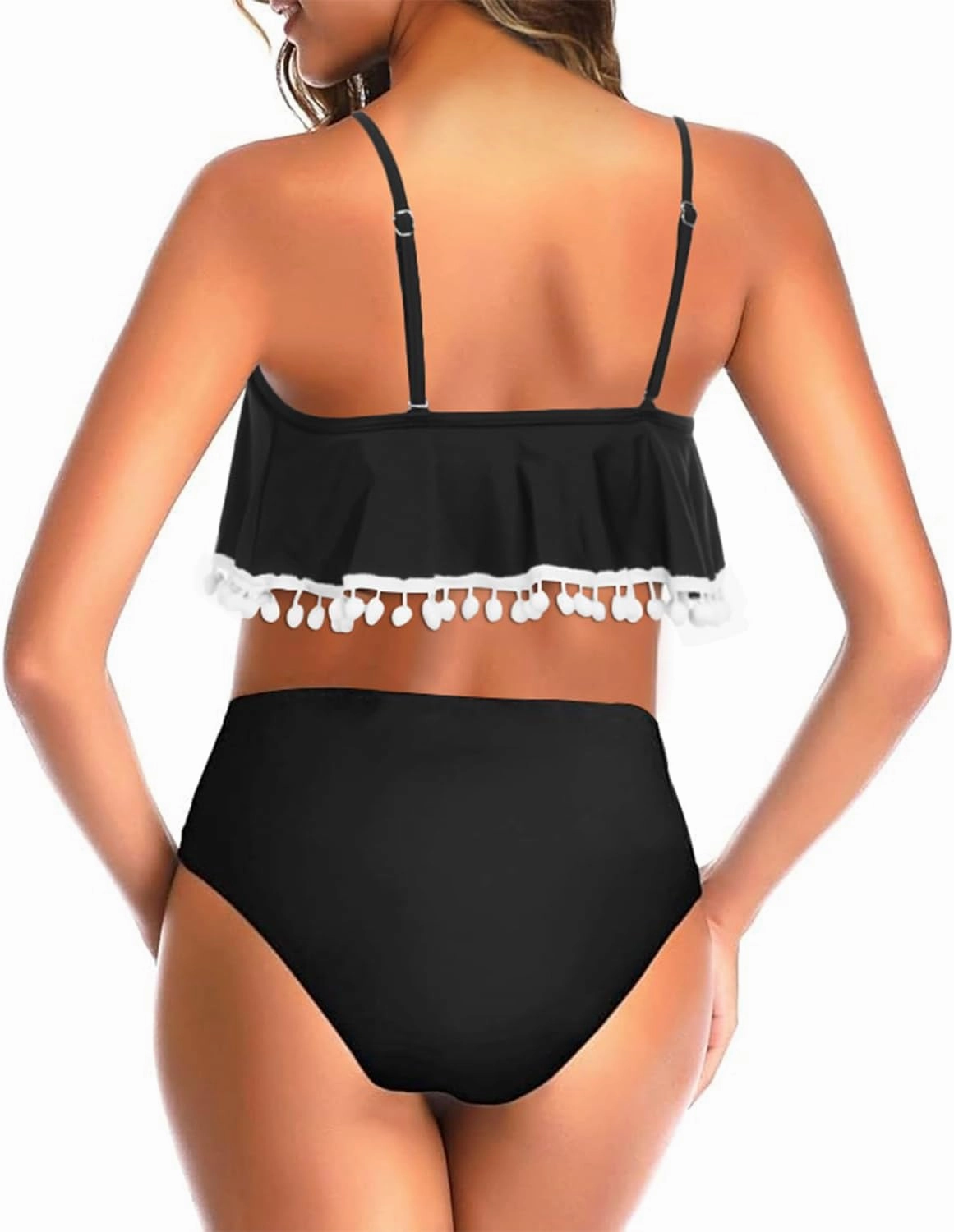 Tempt Me Women Two Piece High Waisted Bikini Set Ruffle Swimsuit Flounce Pom Pom Trim Bathing Suit