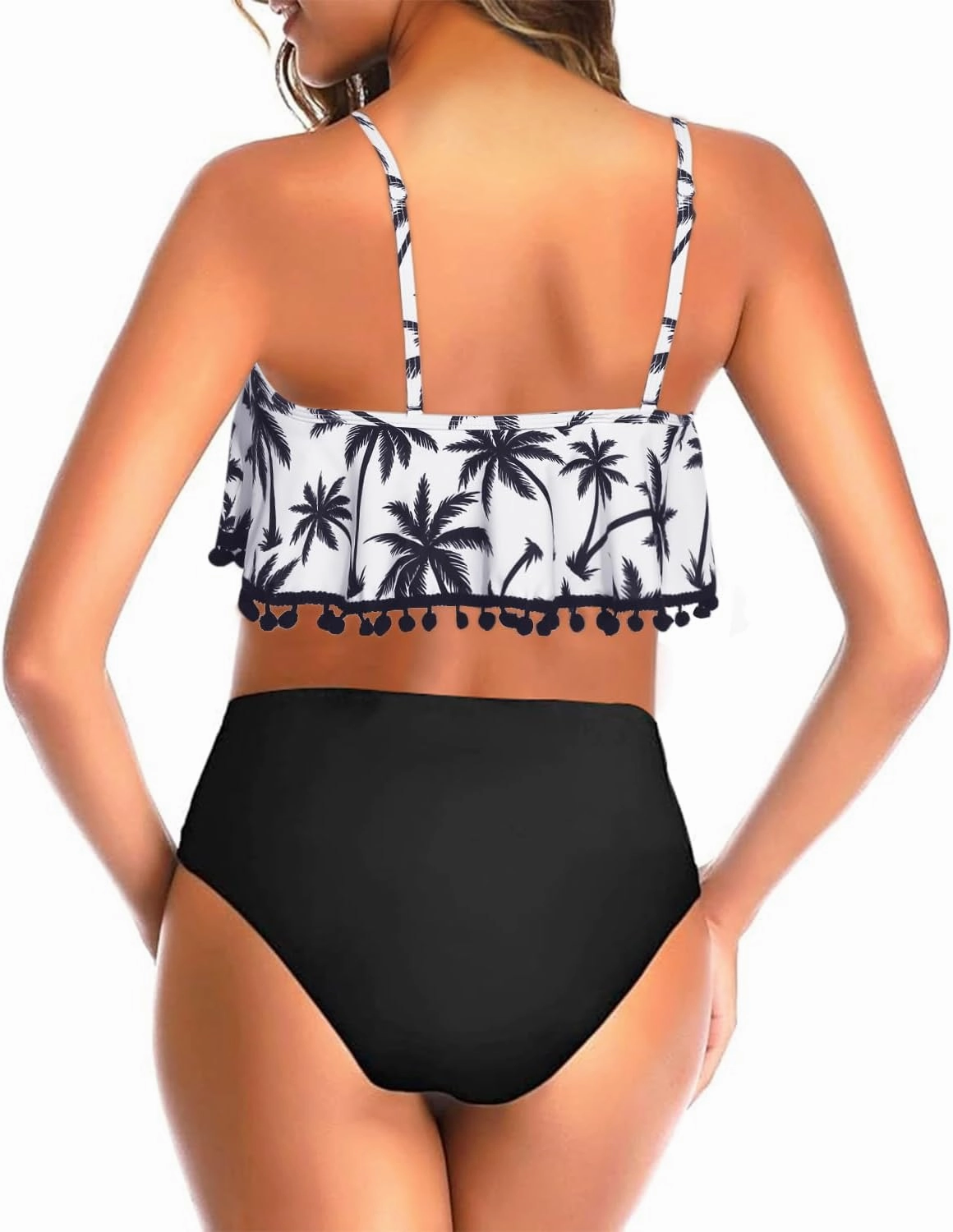 Tempt Me Women Two Piece High Waisted Bikini Set Ruffle Swimsuit Flounce Pom Pom Trim Bathing Suit