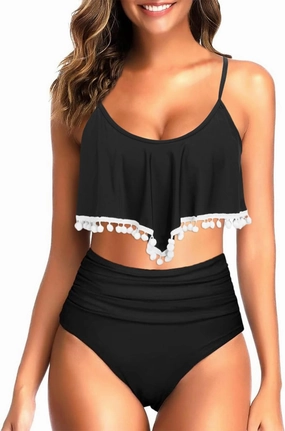 Tempt Me Women Two Piece High Waisted Bikini Set Ruffle Swimsuit Flounce Pom Pom Trim Bathing Suit