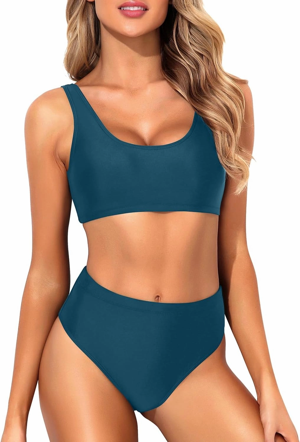 Tempt Me Women Two Piece Scoop Neck Bikini Crop Top Swimsuit Sporty High Waisted Bathing Suit