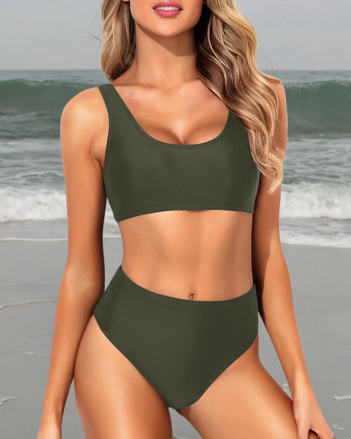 Tempt Me Women Two Piece Scoop Neck Bikini Crop Top Swimsuit Sporty High Waisted Bathing Suit