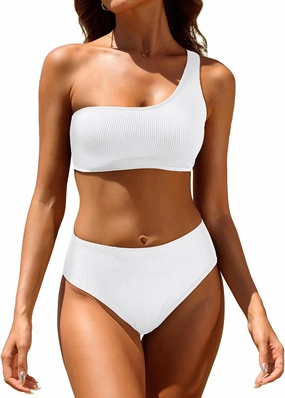 Tempt Me Women Two Piece Swimsuits Ribbed One Shoulder Bikini Sets Mid Waist Bathing Suit