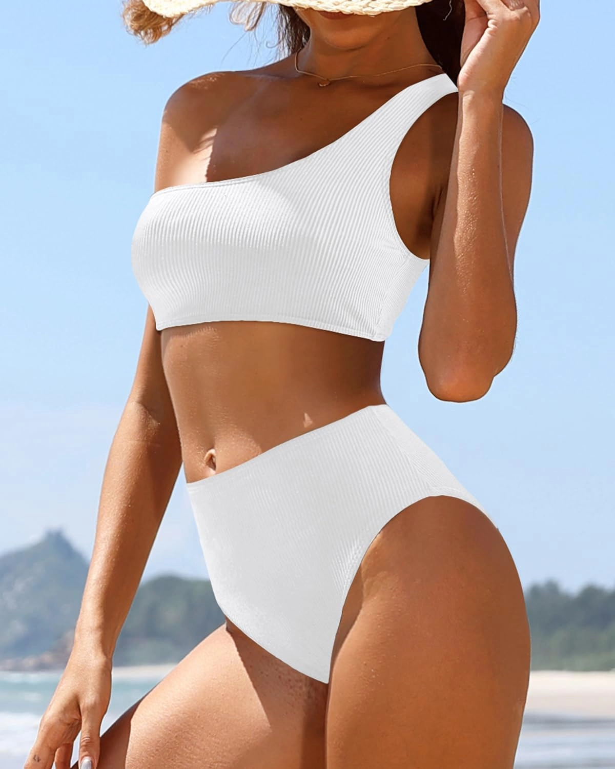 Tempt Me Women Two Piece Swimsuits Ribbed One Shoulder Bikini Sets Mid Waist Bathing Suit