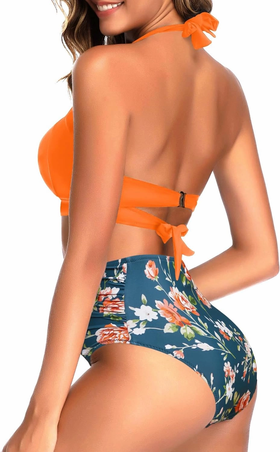 Tempt Me Women Two Piece Vintage Swimsuit Retro Halter Ruched High Waist Bikini with Bottom