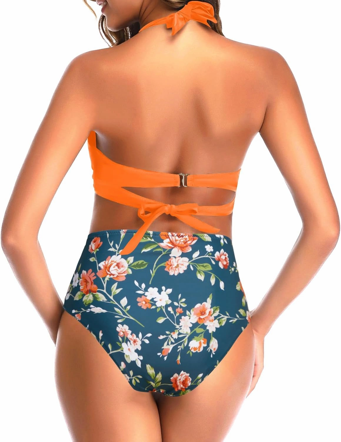 Tempt Me Women Two Piece Vintage Swimsuit Retro Halter Ruched High Waist Bikini with Bottom