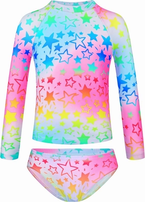 TENVDA Girls Swimsuit Long Sleeve Rash Guard Sets UPF 50  Two Piece Bathing Suits Size 3-12 Years
