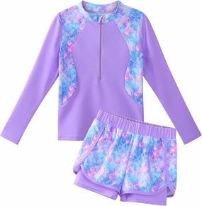 TFJH E 2PCS Girls Long Sleeve Swimsuit UV 50  Rashguard Tankini Set Kids Swimwear Zipper 3-12Y