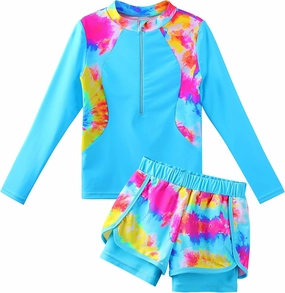 TFJH E 2PCS Girls Long Sleeve Swimsuit UV 50  Rashguard Tankini Set Kids Swimwear Zipper 3-12Y