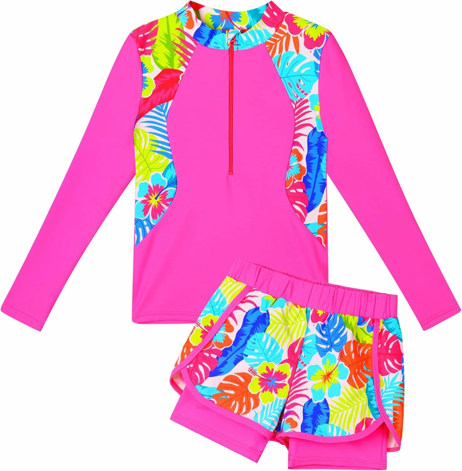 TFJH E 2PCS Girls Long Sleeve Swimsuit UV 50  Rashguard Tankini Set Kids Swimwear Zipper 3-12Y