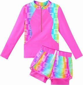 TFJH E 2PCS Girls Long Sleeve Swimsuit UV 50  Rashguard Tankini Set Kids Swimwear Zipper 3-12Y
