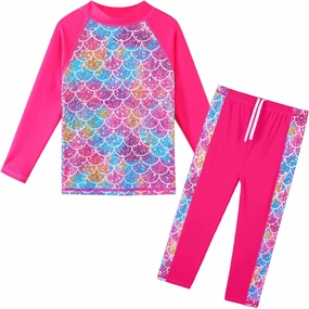 TFJH E Girls Long Sleeve Swimsuit Two Piece Swimwear 3-12 Years UPF 50  Sunsuits