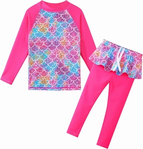 TFJH E Girls Long Sleeve Swimsuits Skirt 2-Pieces Rash Guard Set Sun Protection UV 50 
