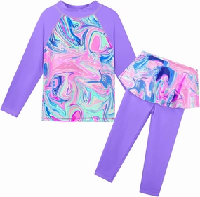 TFJH E Girls Long Sleeve Swimsuits Skirt 2-Pieces Rash Guard Set Sun Protection UV 50 