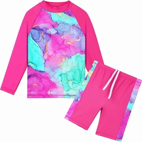 TFJH E Girls Swimsuit UPF 50  UV Two Piece Long Sleeve Swimwear Rash Guard Sets 3-12Y