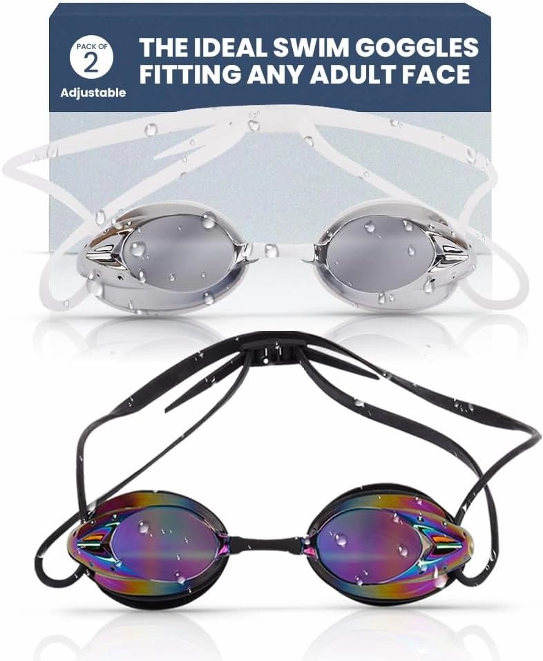 The Friendly Swede Swim Goggles for Women & Men ?a Anti Fog Swimming Goggles w/ 3 Nose Pieces & Case; Wide Angle Lens - 2-pack