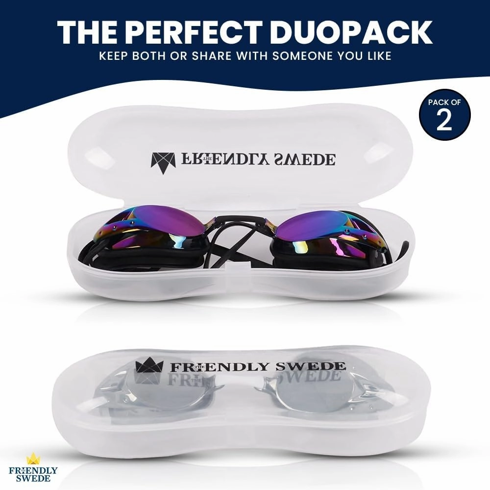 The Friendly Swede Swim Goggles for Women & Men ?a Anti Fog Swimming Goggles w/ 3 Nose Pieces & Case; Wide Angle Lens - 2-pack