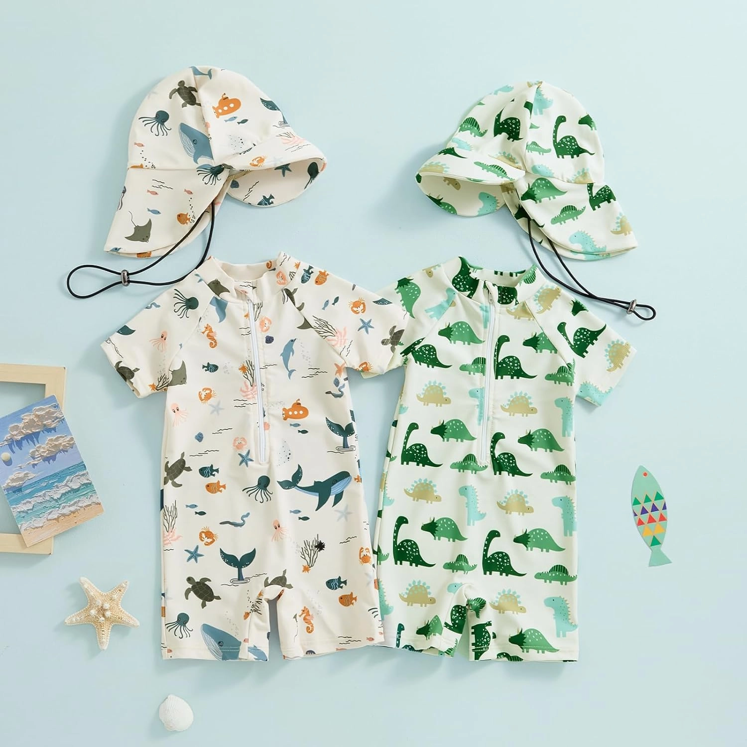 Toddler Infant Baby Boys Swimsuit Kids Rash Guard One Piece Newborn Zipper Bathing Suit Swimwear with Hat